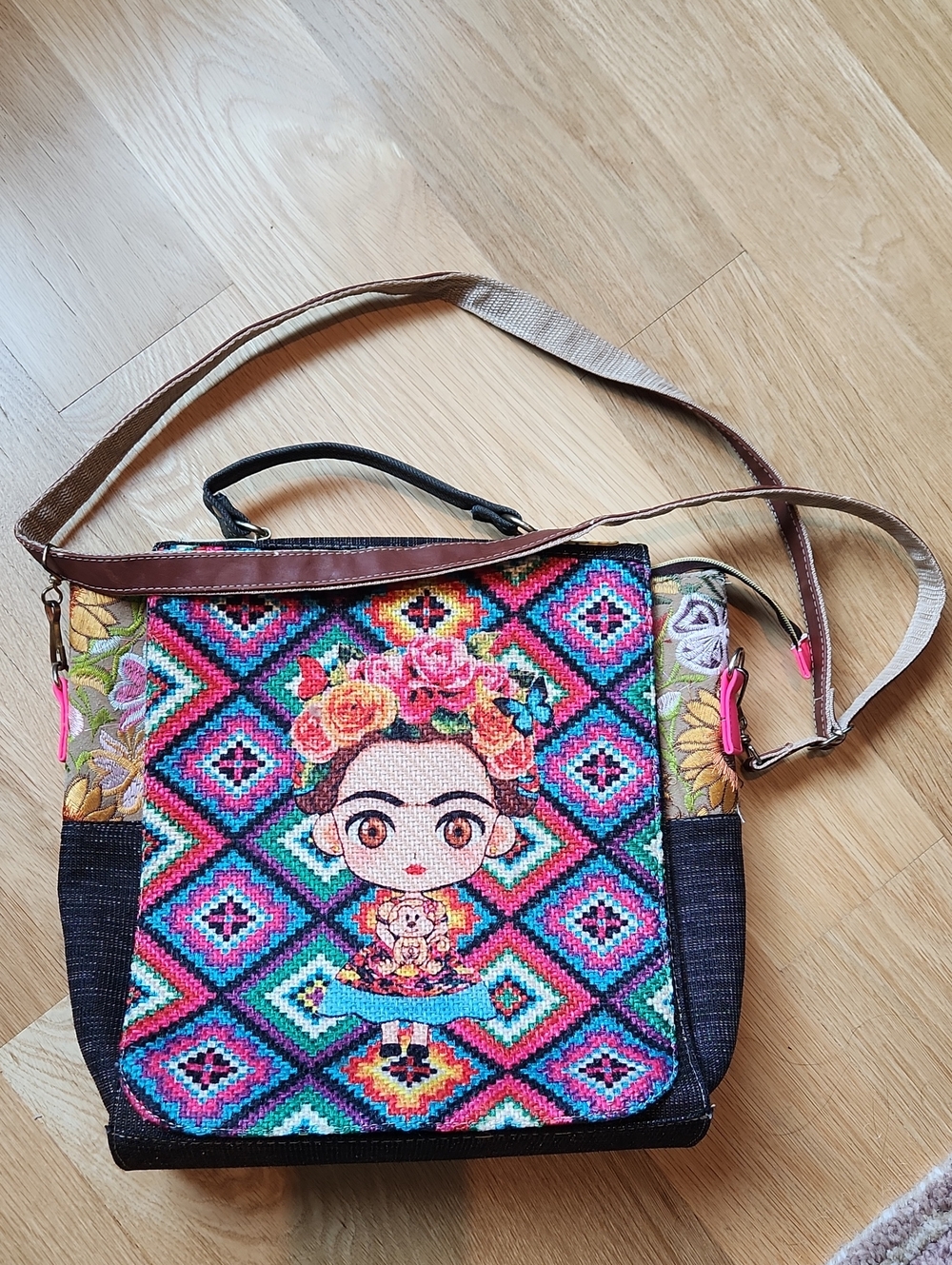 Colorful Frida-Inspired Crossbody Bag - Multicolor Embroidered Design